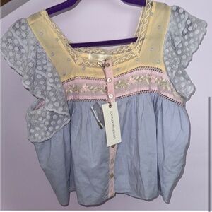 LoveShackFancy Pastel Blue Pink Yellow Lace Embroidered Blouse